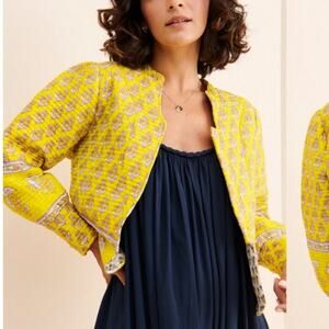 Antik Batik Mori Quilted Jacket Coat Womens Sz Medium Cotton Boho Yellow Floral